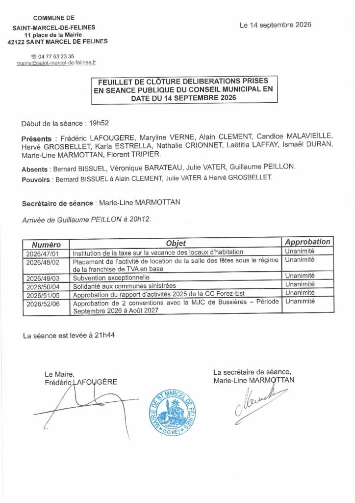 FEUILLET DE CLÔTURE SEANCE PUBLIQUE DU 14.09.2026